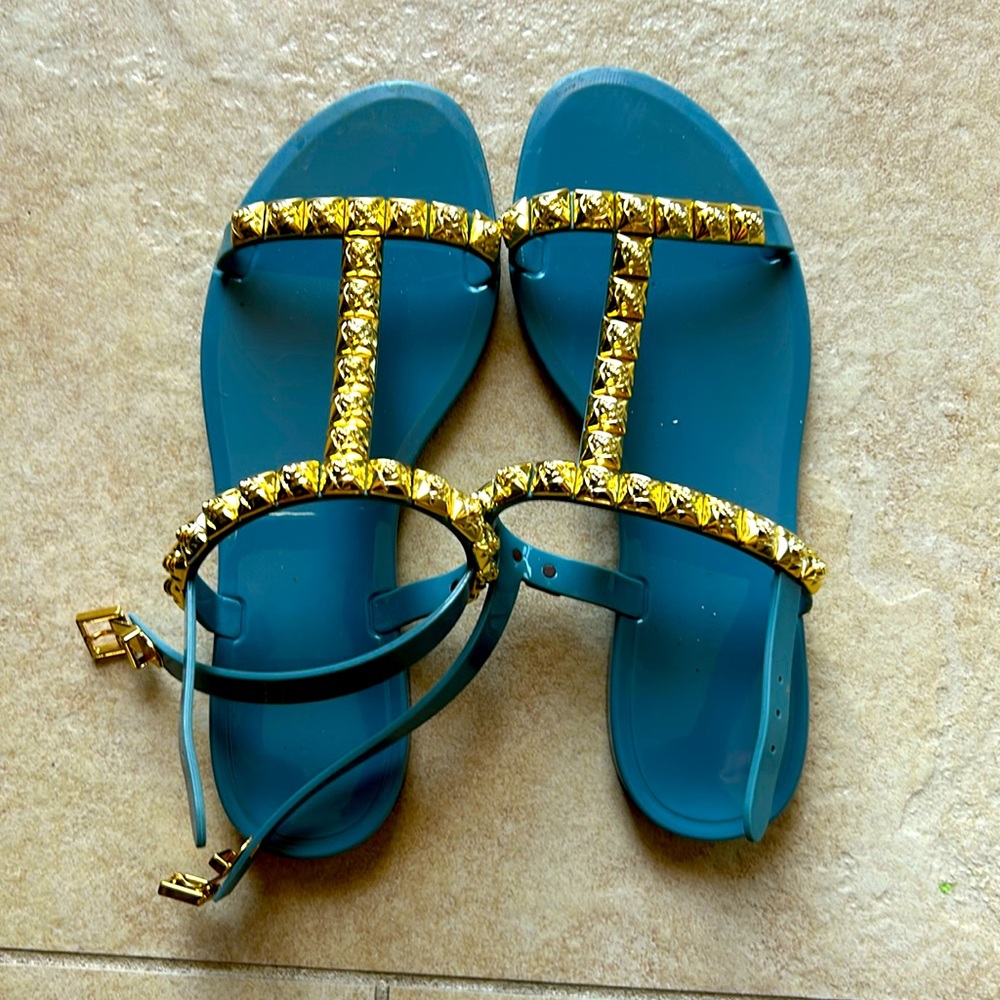Stuart Weitzman Jelly Gold Roses sandals